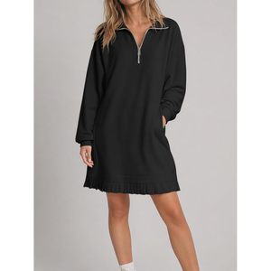 Robe Sweatshirt Décontractée Personnalisée pour Femme, Manches Longues, Demi-Zip, Ourlet Plissé avec Poches, Col Montant, Style Col en V - Product Image 2