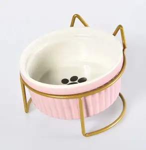 Satu lucu keramik ditinggikan mangkuk kucing tinggi piring makanan kucing dengan dudukan