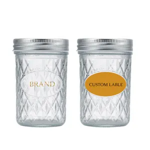 Hot Sale 4oz 8oz 16oz Embossed Clear Wide Mouth Glass Mason Jar Canning Food Storage Jar With Metal Lid