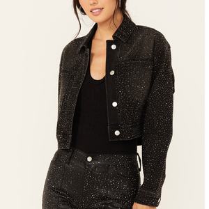 แจ็คเก็ตยีนส์ LARSUR รุ่นสั่งทำพิเศษ ประดับคริสตัลวิบวับ ลุคทำเก่า ทรงบอมเบอร์ ตัดสั้น ทรงบ็อกซี่ แขนยาว สำหรับผู้หญิง - Product Image 1