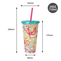 Gobelet en plastique réutilisable à paroi simple pour boissons froides, 24 oz, avec couvercle et paille, changeant de couleur
