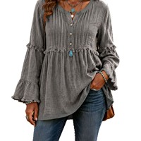 Chemisier ample à manches longues et col en V pour femme, style bohème, avec volants et franges, tunique décontractée, chemise Henley, vente en gros pour les détaillants de marques
