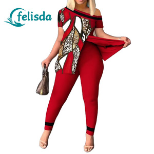 Conjunto de Dos Piezas de Ropa para Mujer, Top <span class=keywords><strong>con</strong></span> Cuello Irregular y Abertura, Pantalones Largos, Estampado, Manga Corta, <span class=keywords><strong>Traje</strong></span> Casual para Mujer - Product Image 1