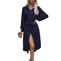 Robe chemise en viscose à manches longues, coupe ajustée, couleur unie, style décontracté pour le quotidien, disponible en bleu marine et noir, vente en gros avec faible MOQ