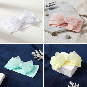 5 pièces nouveau bandeau européen américain doux élastique en Nylon <span class=keywords><strong>maille</strong></span> arc avec dentelle <span class=keywords><strong>Turban</strong></span> Style cheveux accessoires pour bébé filles enfants - Product Image 4