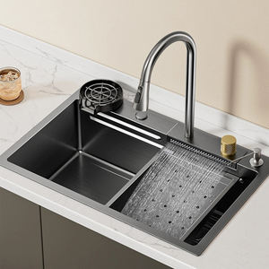 Évier de cuisine à une cuvette en acier inoxydable avec robinet de rinçage en <span class=keywords><strong>verre</strong></span> carré à double cascade fait à la main sans robinet - Product Image 1