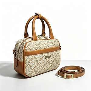 Sophisticated Women Beige Monogram <b>Handbag</b> Brown Leather Trim Top <b>Handle</b> Crossbody Doctor Bag - Product Image 1