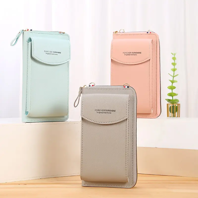 Pure Color Mobile Phone Bag Women Wallet Card Holder Messenger PU Money Purse Crossbody Shoulder Mini Bag