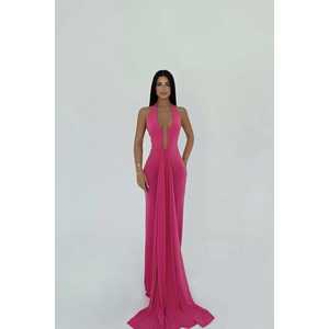 Robe longue trapèze en satin ODM Fuchsia Bellis, col rond, taille empire, avec broderies et sequins scintillants au crochet, longueur ras du sol, taille XL, pour mariage - Product Image 2