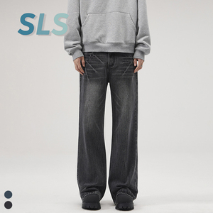 Pantalones Vaqueros de Mezclilla para <span class=keywords><strong>Hombre</strong></span>, Estilo Retro, Lavado a la Piedra, Estampado de Rayos, Micro Acampanados, Casuales, Holgados, de Pierna Recta, Negros - Product Image 1