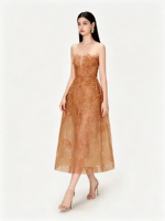 Robe de soirée moulante mi-longue sans bretelles en maille à sequins marron doré, idéale pour les banquets et cocktails – Nouvelle collection très prisée