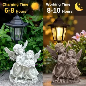 Vendita calda a energia solare angelo bambini lettura scultura in resina con lampione Vintage, per giardino esterno giardino giardino arredamento - Product Image 5