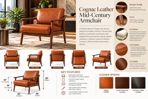 Fauteuil en cuir Cognac de style Mid-Century avec structure en bois massif, accoudoirs courbes et assise rembourrée de qualité supérieure, fauteuil en cuir - Product Image 3