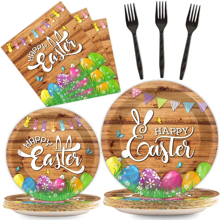 Пасхальные бумажные тарелки и салфетки, столовые принадлежности, одноразовые пасхальные яйца кролика, праздничные обеденные тарелки для украшения пасхального стола