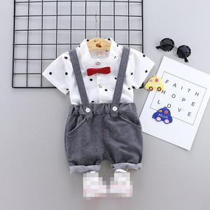 幼儿领结夏季服装套装婴儿服装套装圆点衬衫背带裤短裤男童绅士套装儿童服装套装 - Product Image 3