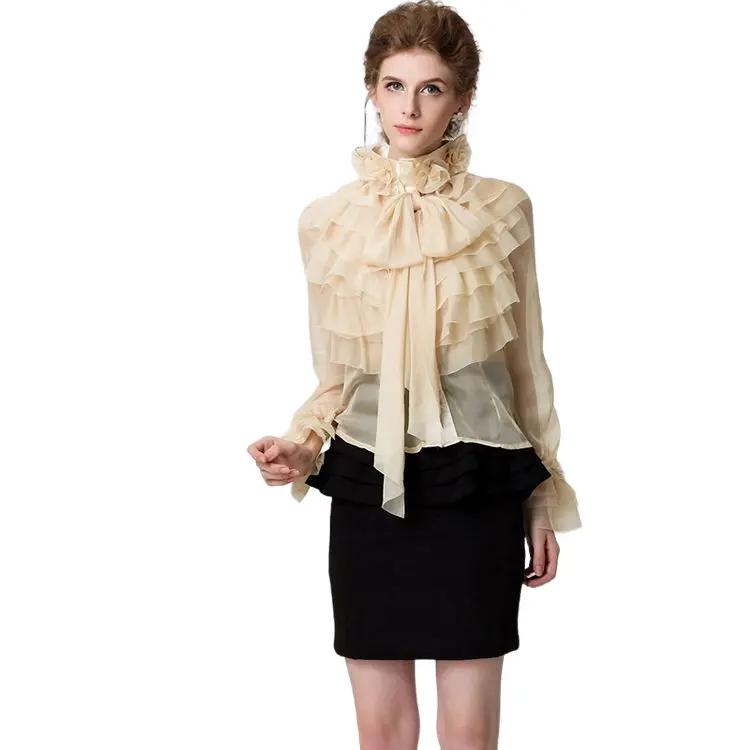 エレガントな女性のブラウススタンドカラー3Dフラワーレイヤーフリルシースルーシャツレディース気質服