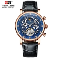 TEVISE T867F Mouvement mécanique polyvalent automatique 867F Montres de luxe en cuir à la mode Étanche Design évidé