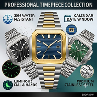 Montre à quartz carrée de luxe pour homme, étanche 30M, bracelet en acier inoxydable, aiguilles lumineuses, calendrier, date, Reloj Hombre