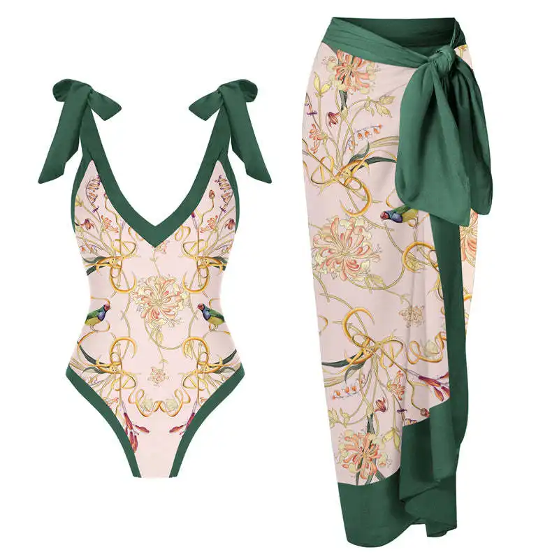 Лидер продаж 2023, женский купальник с принтом и накидкой, цельный купальный костюм с рюшами и ремешками, купальник с цветочным принтом, пляжная одежда