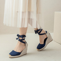 Espadrilles pour femmes, sandales compensées à talons hauts, chaussures d'été à talons épais, nouvelle collection 2025, semelle en chanvre français, doublure en peau de porc
