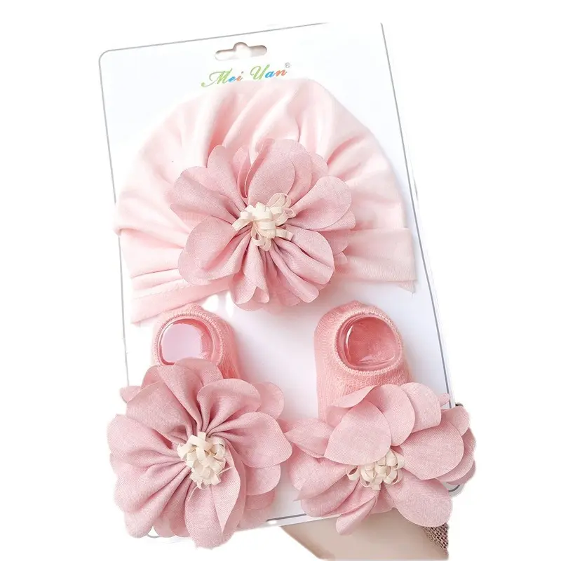 New fashion baby hat and socks set wholesale soft cute baby hat set baby headbands with mesh bows for 0-3 Y