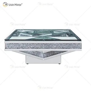 Vxin WXF-158 3D 스파클링 분쇄 다이아몬드 스퀘어 미러 커피 테이블 실버 강화 유리 테이블 거실