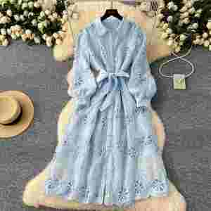 Robe Tunique Décontractée Mi-Longue Hiver Style Féérique pour Femme, Manches Lanterne, Broderie Empire, Dentelle Évidée, Noir et Blanc - Product Image 3