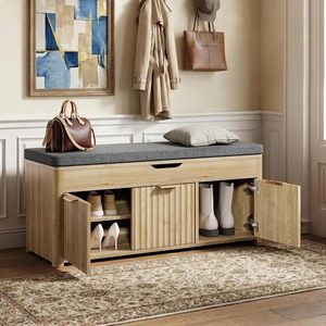 Banco de Madera Natural <span class=keywords><strong>para</strong></span> <span class=keywords><strong>Zapatos</strong></span> con Espacio de Almacenamiento Oculto, Zapatero con <span class=keywords><strong>Estantes</strong></span> Ajustables y Asiento Acolchado, Ideal <span class=keywords><strong>para</strong></span> Dormitorio - Product Image 1