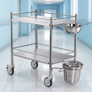 Chariot d'hôpital en acier inoxydable personnalisable et durable avec 2 étagères, bassin et seau, chariot utilitaire portable - Product Image 1