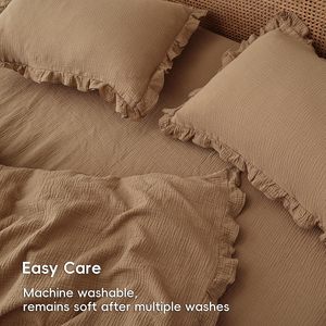 Exquisito juego de <span class=keywords><strong>funda</strong></span> nórdica de muselina de algodón 100% de 3 piezas, ribete marrón con volantes, ligero, transpirable para dormitorio, ropa de cama opulenta - Product Image 5