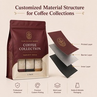 Sac cadeau pour café à fond plat imprimé sur mesure avec fermeture éclair pour échantillons de café, assortiment varié et emballage de marque privée