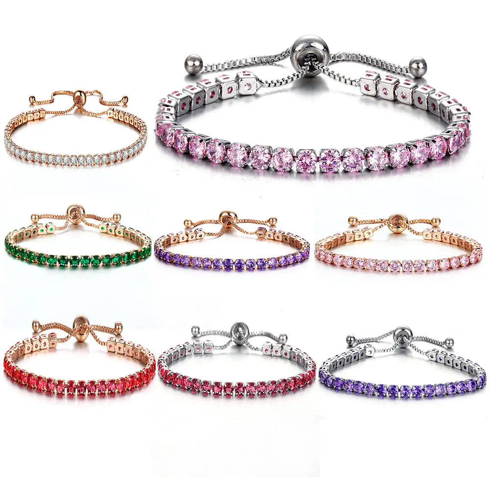 Hot Sale White Rose Gold Plated Jewelry Bracelet Adjustable Colorful Cubic Zircon Tennis Bracelets for Women