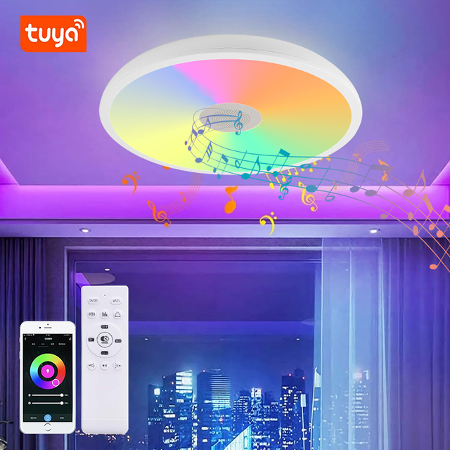 Indoor Home Round Decorative Home Dimmable RGB Color Tuya Wifi App Audio Control Blue Tooth Speaker 18w Led Music Ceiling Light