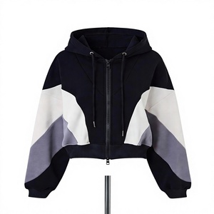 Sweat-shirt court à capuche zippé pour femme, color block, épaules tombantes, tricoté, mode automne - Product Image 5