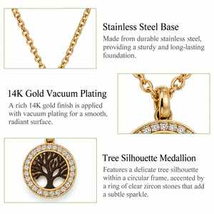 Collier Médaillon Arbre en Acier Inoxydable avec Zircon, Plaqué Or 14K sous Vide, Pendentif Halo et Chaîne Fine - Product Image 3