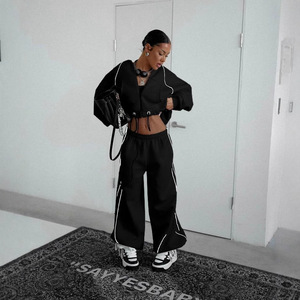 Conjunto de Dos Piezas de Ropa para <span class=keywords><strong>Mujer</strong></span>, <span class=keywords><strong>Sudadera</strong></span> con Capucha y <span class=keywords><strong>Cremallera</strong></span> en Color Contrastante, Pantalones Holgados y Rectos Casuales - Product Image 2
