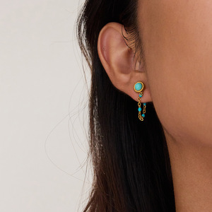 Boucles d'oreilles pendantes en turquoise bleue avec chaîne et pampille, en acier inoxydable, serti clos, bijoux de soirée - Product Image 3