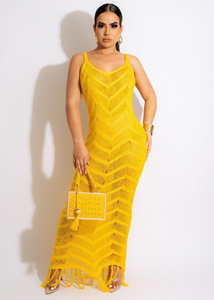 Último diseño verano playa lleva correa de punto Bikini traje de baño ganchillo borla Bikinis y ropa de playa Sexy Maxi Vestido de playa - Product Image 3