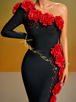 Robes de Soirée Ocstrade pour Femme avec Fleurs 3D, Robe Bandage Épaule Unique, Robe Fourreau Longueur Ras du Sol Noire pour Fête