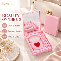 YANJIE Ensemble de 4 pinceaux de maquillage portables avec étui miroir rose, pinceaux pour le blush et les yeux, trousse de cosmétiques de voyage