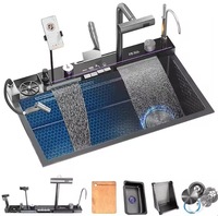 Évier de cuisine intelligent moderne, évier à cascade unique, robinet pivotant extractible, lave-gobelet, support pour téléphone portable, 26,7 x 18,1 pouces