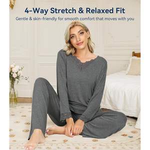 Ensemble de pyjama personnalisé pour femmes en viscose de bambou, haut à manches longues et col en V doux avec pantalon, vêtements de nuit grande taille S-4X gris foncé - Product Image 3