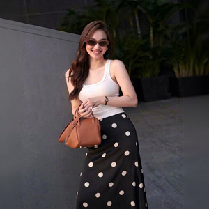 CV629 Elegante Falda Casual de Mujer, Cintura Alta, Estampado de Puntos, Satén, Largo hasta el Tobillo, Corte Trompeta/Sirena, para el Trabajo - Product Image 1