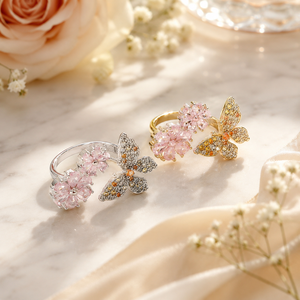Anello alla moda a forma di farfalla e fiore, elegante gioiello bicolore, adatto per l'uso quotidiano da parte delle donne - Product Image 6