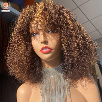 Wig Afro Kinky Curly HD Tanpa Lem dengan Poni, Kepadatan 200%, Rambut Asli Remy Brasil Buatan Tangan, Wig Pendek untuk Wanita