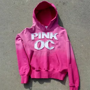 Moletom com capuz masculino personalizado de algodão 380-480gsm de alta qualidade grande rosa moda streetwear bordado apliques logotipo desgastado