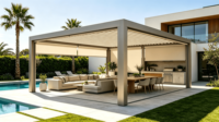 Pergola motorisée intelligente RKOVE RK-E1 en aluminium à lames orientables avec stores latéraux coupe-vent et éclairage LED pour cuisine extérieure