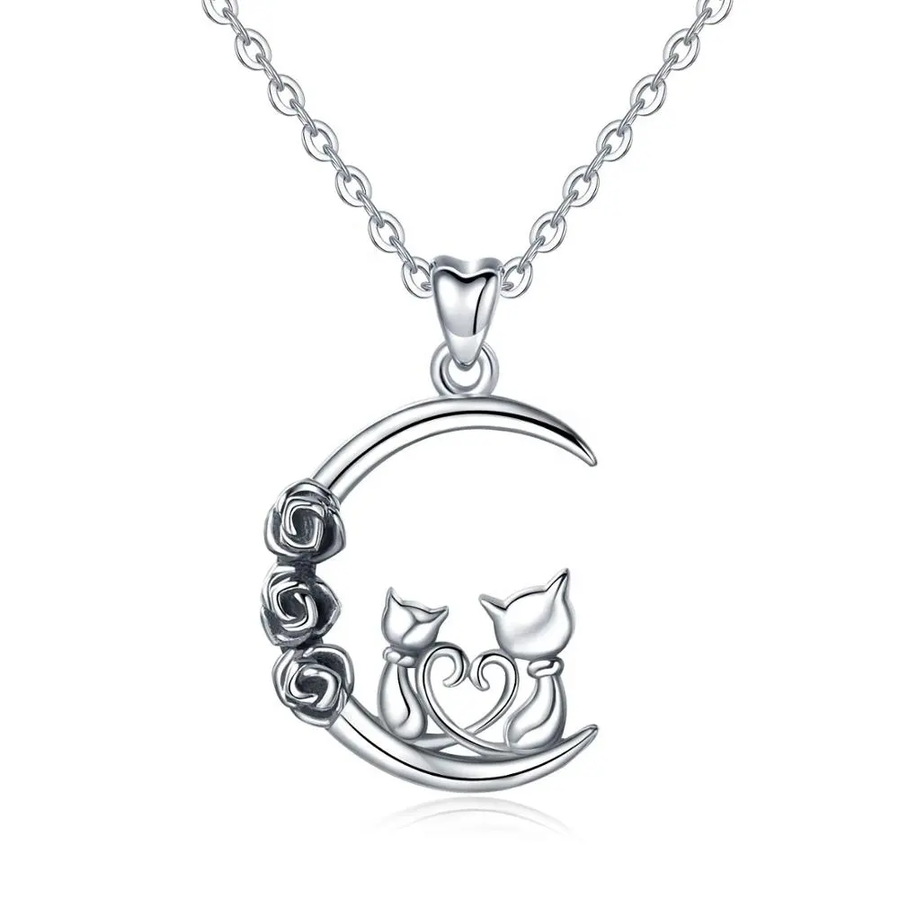 Sterling Silver Cat On Moon Necklace For Women Cat Animal Jewelry Gifts For Cat Lover