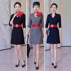 Flight Attendant Dress Three Quarter Sleeve Polyester Uniform For Airline Workwear Autumn Winter Elegant Professional Attire - Product Image 1