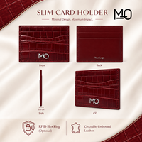 Porte-cartes en cuir texturé crocodile rouge, portefeuille fin avec surface brillante et fentes pour cartes ondulées superposées pour commandes en marque blanche